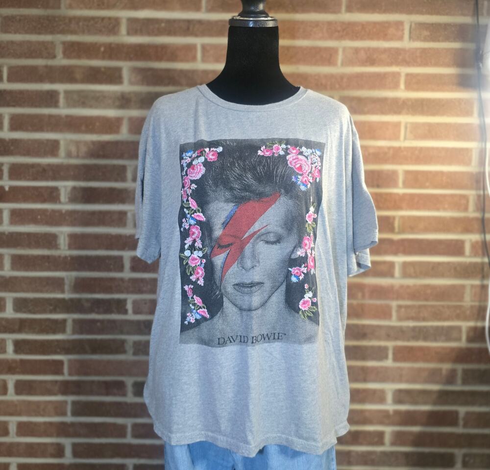 Lucky Brand David Bowie Floral Embroidered Head Shot Graphic Tee Gray
